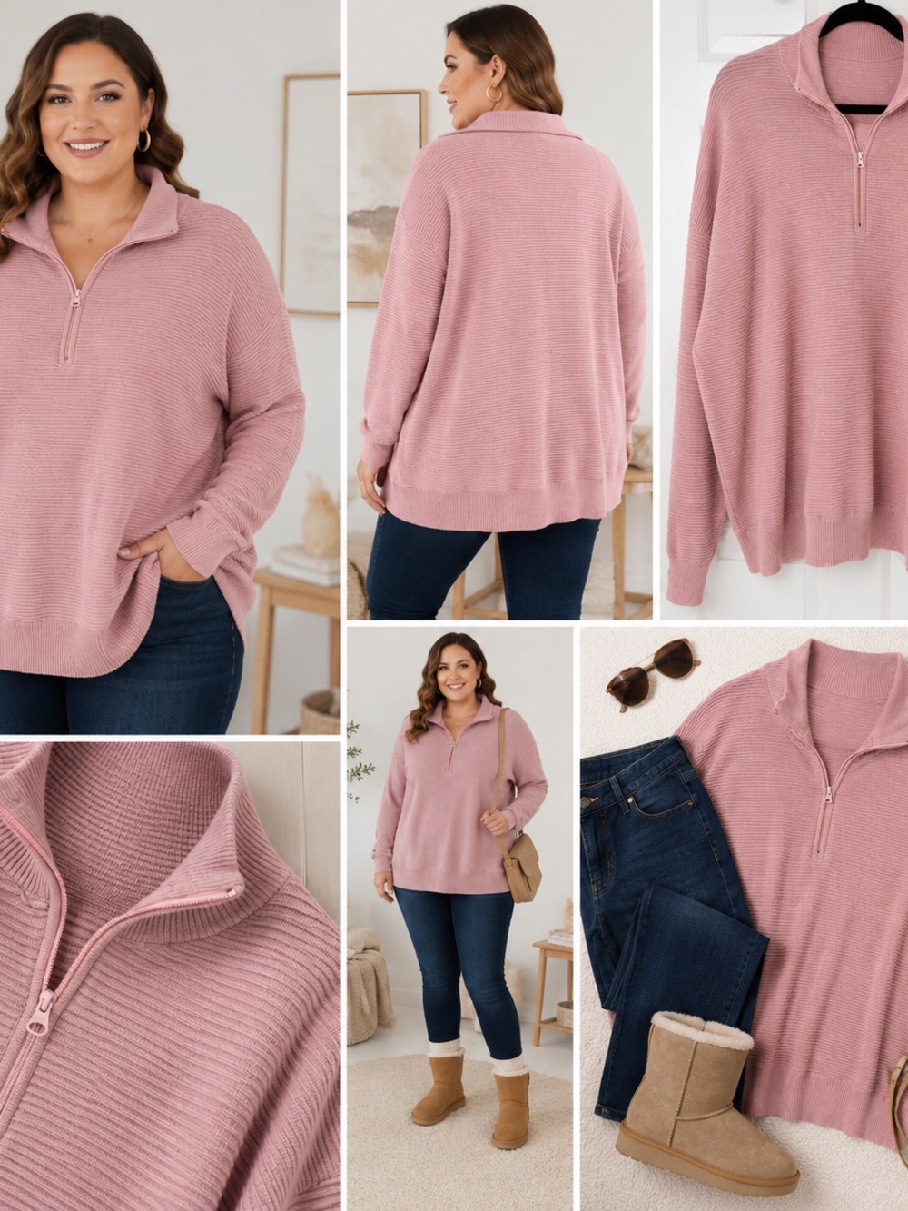 XXL Anrabess Cozy Half-Zip Pullover Sweater - Dusty Pink